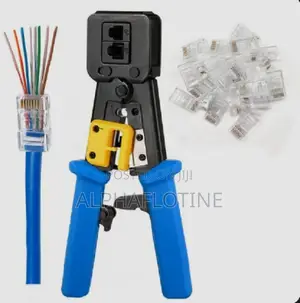 Rj45 Crimping Tool Blue and Black Handles With a Yellow Safety Latch