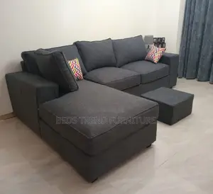 L Seat Grey Plain Fabric 6-Seater Sofa With Foot Rest