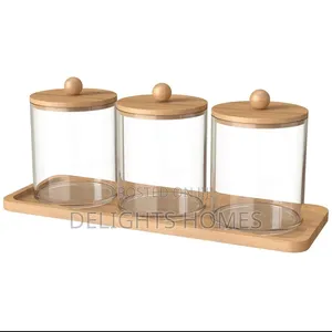 3pcs Set Acrylic Swab Storage Organizer With Bamboo Holder_nje
