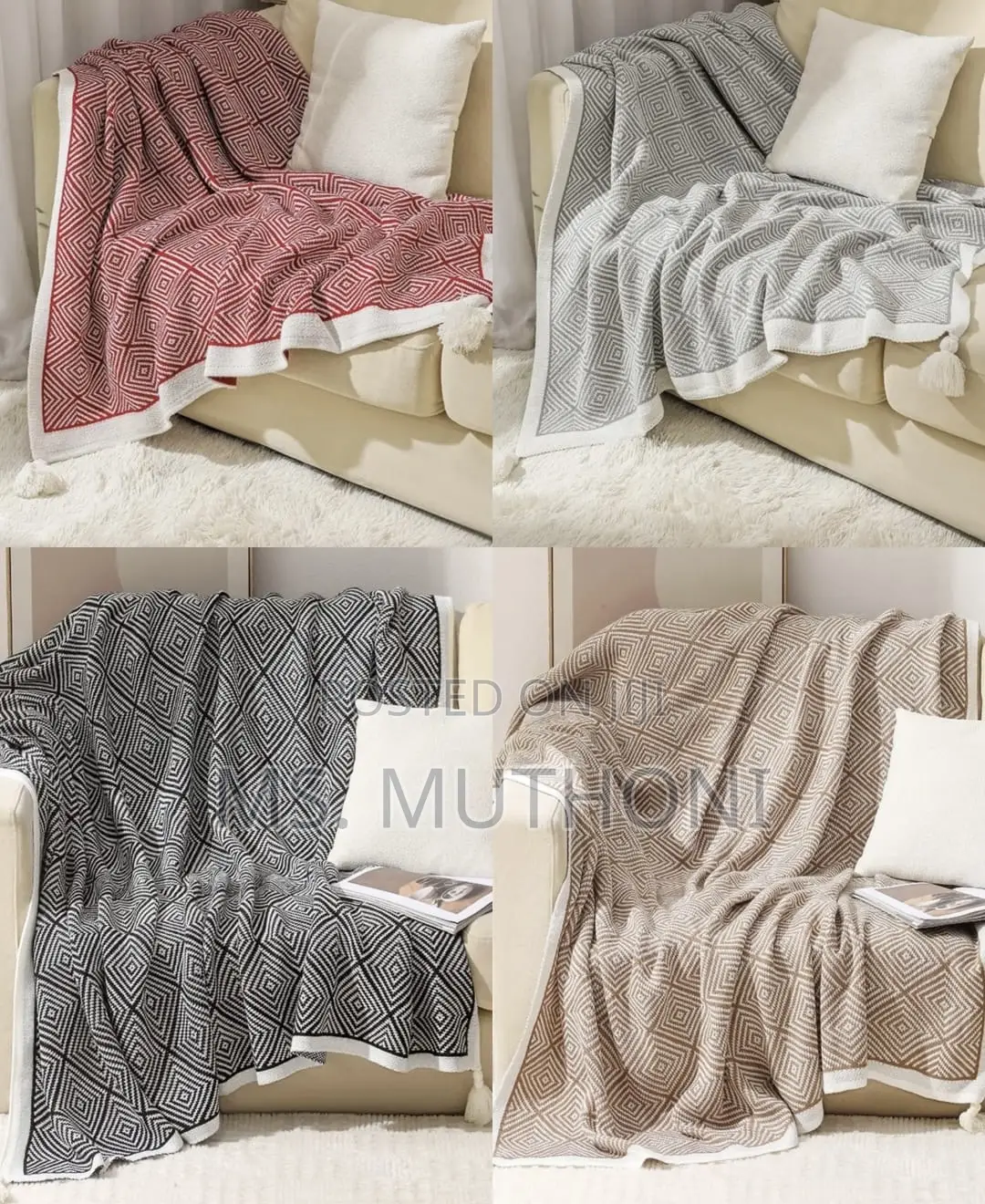 Diamond Knit Throw Blankets With Pendant Tassels
