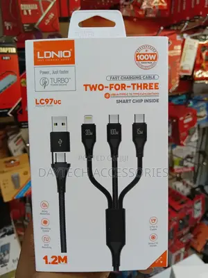 Ldnio Lc97uc 3-in-1 Fast Charging Cable With a Black Woven Exterior.