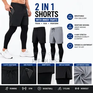2 in 1 Men's Sports Training Shorts With Compression Tights Pockets