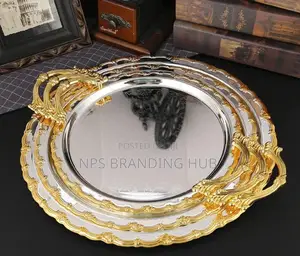 3pcs Luxury Round Gold Plated Premium Serving Tray Set (Stda