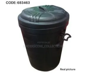 Item Is a 60-Liter Black Bucket or Dustbin That Includes a Lid