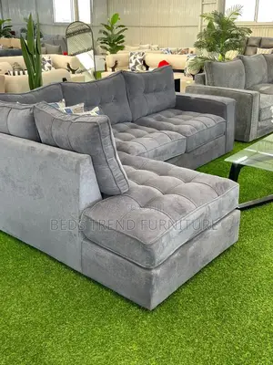 6-Seater L Seat Grey Tufted Sofa With Cushions