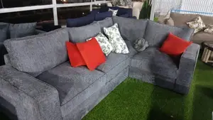 L Seat 6-Seater Grey Plain Fabric Sofa With Cushions