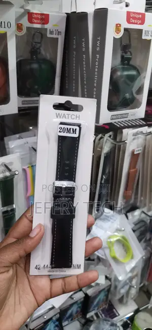 20mm Width Black Leather Watch Band Features White Contrast Stitching