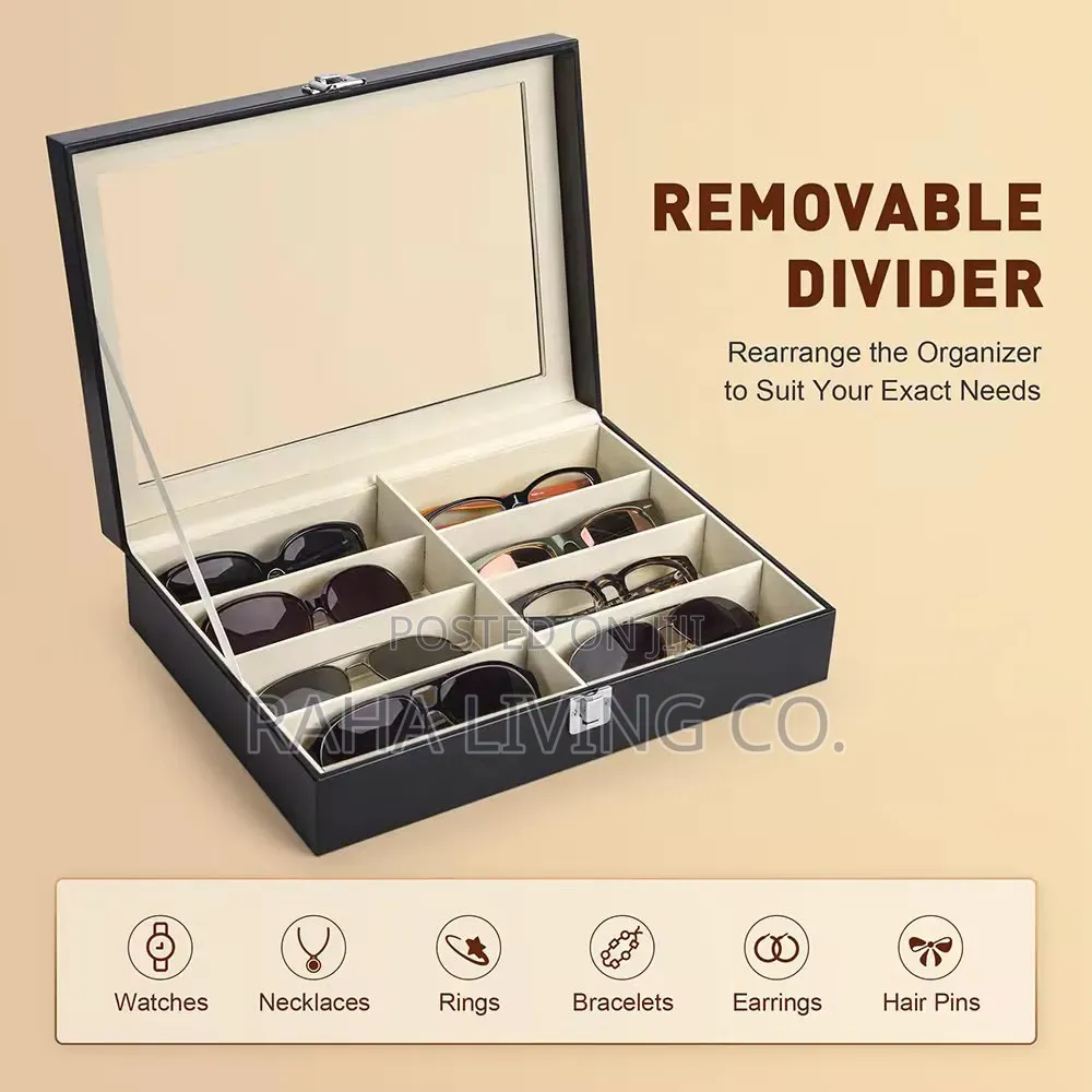 8 Slot Pu Leather Sunglasses Organizer Box | Black