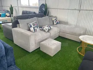 6-Seater L Seat Light Grey Bubble Fabric Sofa With Ottoman