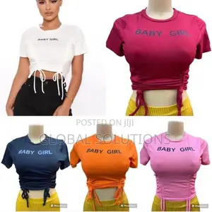 Cropped "Baby Girl" Graphic Tops With a Ruched Drawstring Front Detail