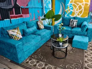 5 Seater 3+2 Sofa Set Teal Bubble Fabric With Patterned Cushions