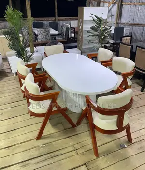 6-Seater Oval Dining Table Set – Ribbed Base With Beige Chairs