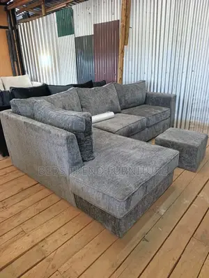 6-Seater L Seat Grey Bubble Fabric Sofa With Footrest