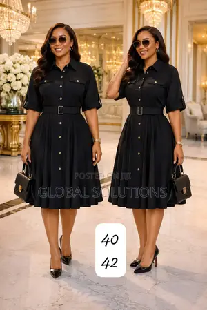 Elegant Belted a-Line Office Midi Dresses With Flap Pockets