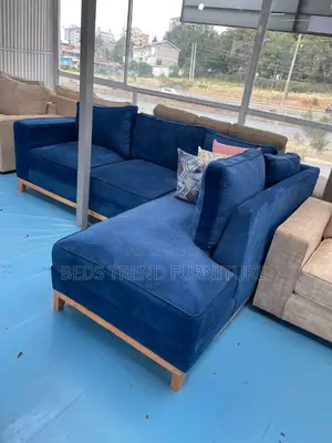 6-Seater L Seat Sofa Deep Blue Textured Upholstery