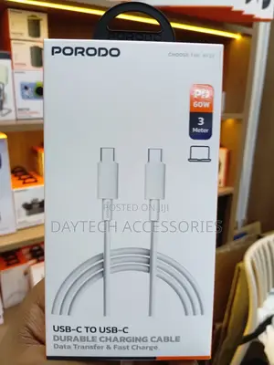 This Is 3m Porodo Usb-C to Usb-C Durable Charging Cable in White.