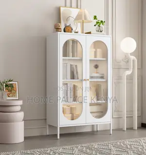 Kitchen Storage: White Wooden Storage Cabinet With Glass Doors