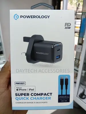 Powerology Usb-C 35w Gan Charger With Usb-C to Lightining Cable-Black(