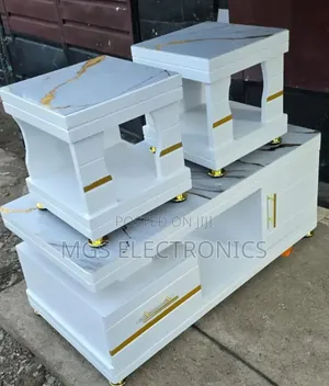 Coffee Table With Glass/Marble Topping With 2 Stools White