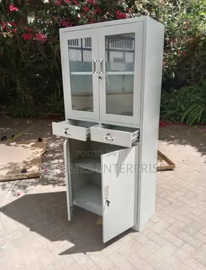 "Heavy-Duty Steel Office Storage Cabinet With Glass Doors, 2 Drawers