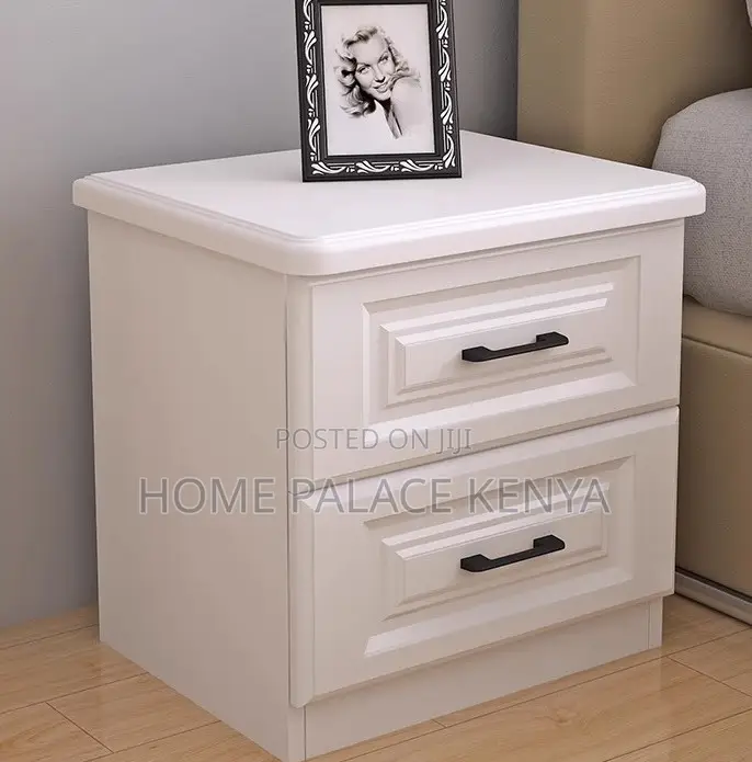 Nightstand; Solid White Oak Bedside Table With Black Handles