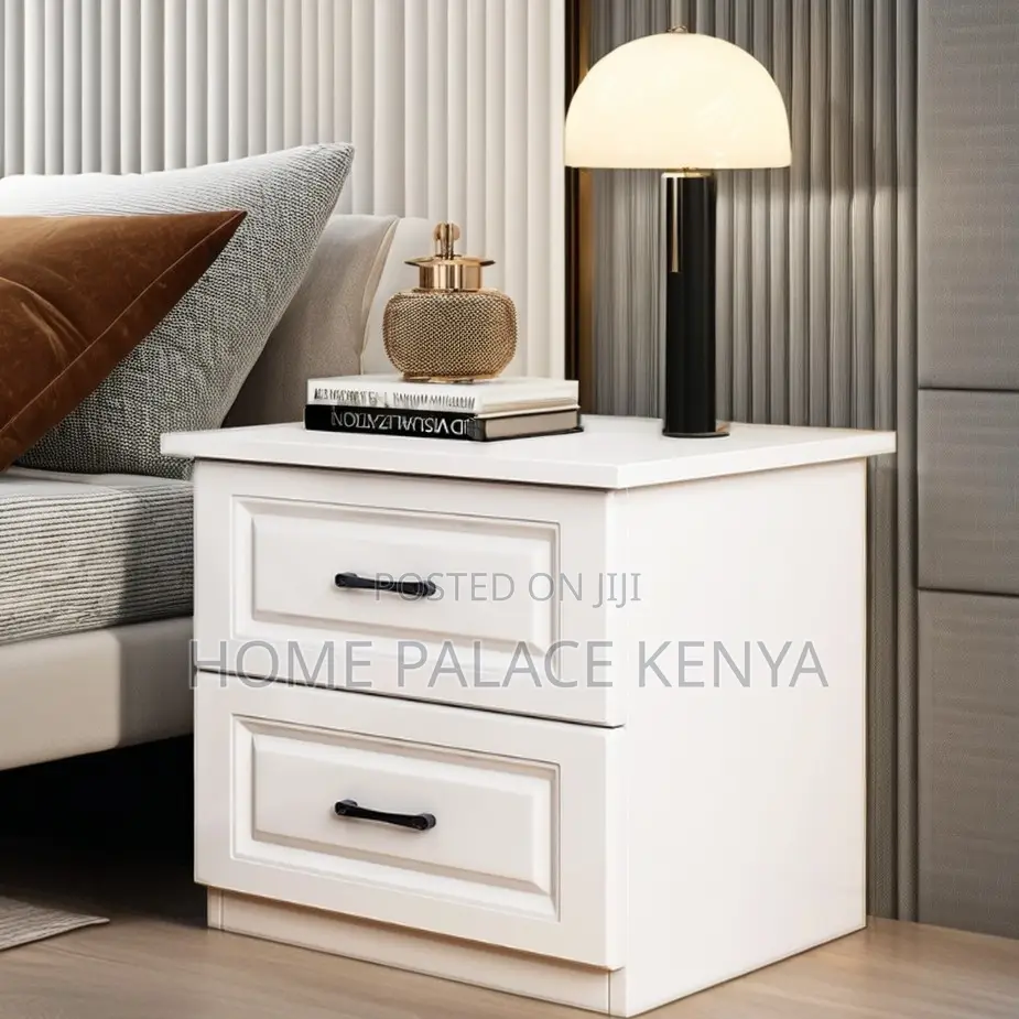 Nightstand; Solid White Oak Bedside Table With Black Handles