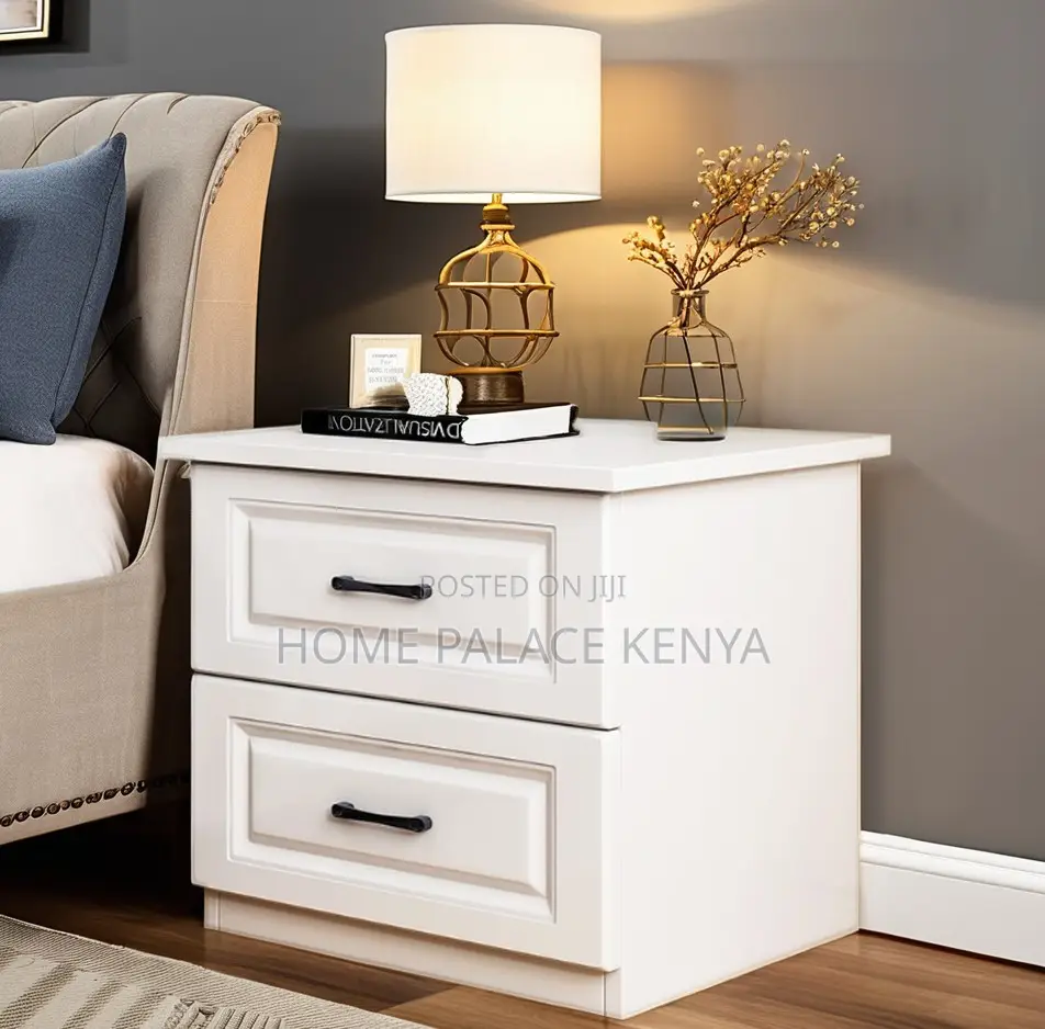 Nightstand; Solid White Oak Bedside Table With Black Handles