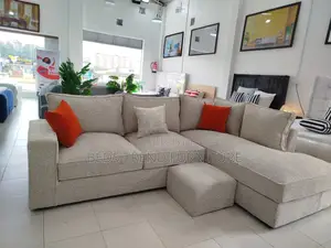 6-Seater L Seat Beige Sectional Sofa With Ottoman