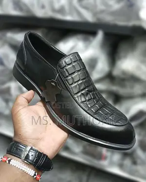 Black Genuine Leather Slip-on Officials Ft Textured Crocodile Pattern