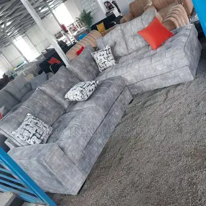 6-Seater L Seat Sofa Light Gray Tufted Fabric