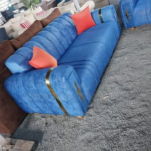 3-Seater Sofa Blue Velvet With Gold Accents