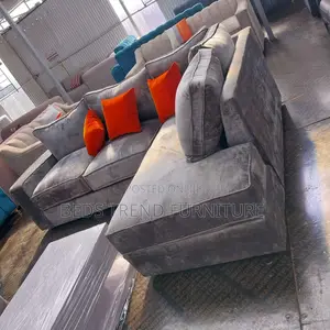 6-Seater L Seat Sofa Soft Gray Fabric With Orange Pillows