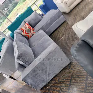 6-Seater L Seat Sofa Light Gray Fabric With Decorative Pillow