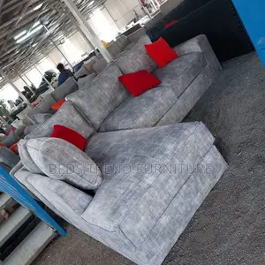 6-Seater L Seat Sofa Light Gray Fabric With Pillows