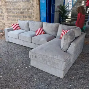 6-Seater L Seat Sofa Light Gray Fabric With Striped Pillows