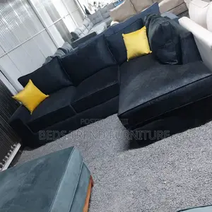 6-Seater L Seat Sofa Black Fabric With Yellow Pillows