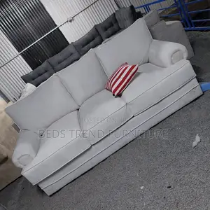 3-Seater Sofa Light Gray Fabric With Striped Pillow