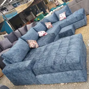 9-Seater U Shaped Sofa Blue Tufted Fabric With Floral Pillows