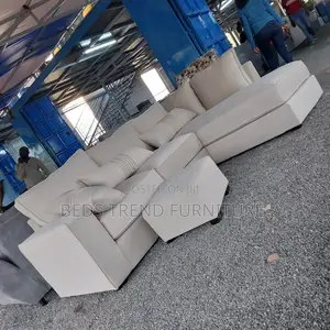6-Seater L Seat Sofa Beige Fabric With Ottoman