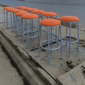 Backless High Round Stools, Silver and Orange