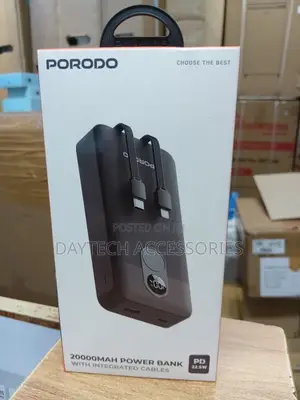 This Is a Porodo 20000mah Power Bank Integrated Cables and Display.
