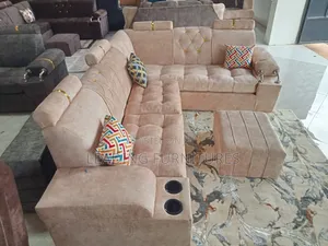 L Shape Color Cream 6 Seater With Black Cup Holder