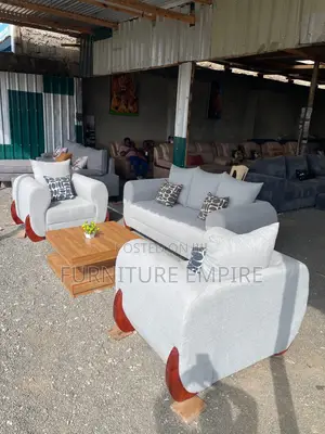 3-2-1 Sofa Set Light Gray Upholstered With Mahogany Legs