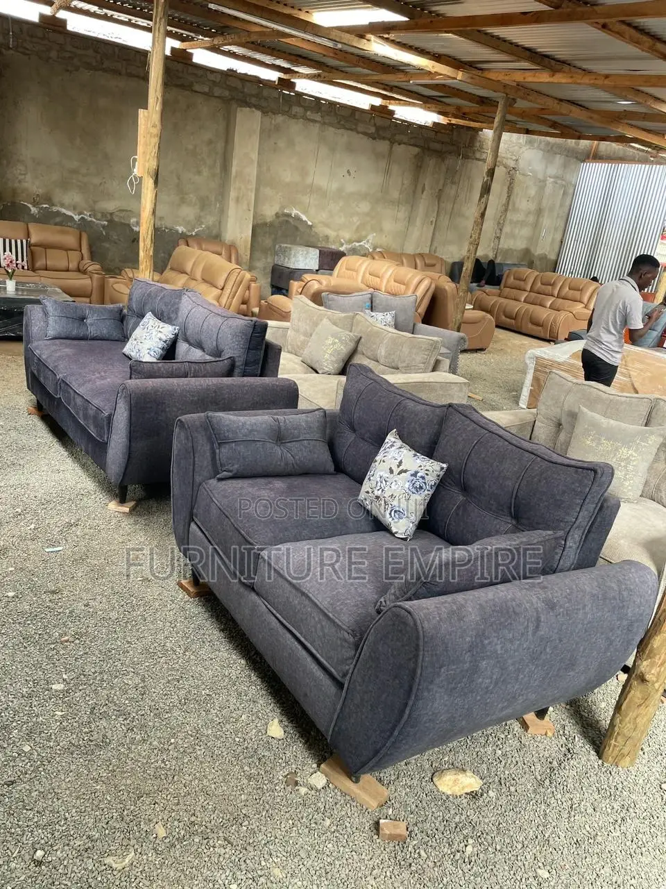 3, 2 Seater Butterfly Sofa Set Grey Upholstered With Spring Support
