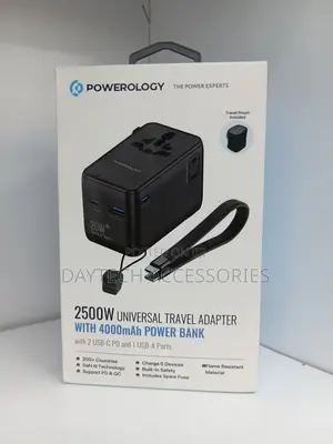 Powerology Travel Adapter With 2 Usb-C Pd and 1 Usb-a Ports 2500w.