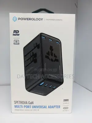 This Is a Powerology Spetrova Gan Multi-Port Travel Adapter 140w.