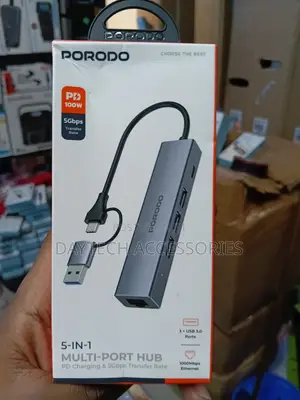 This Is a Porodo 5-in-1 Multi-Port Hub in Gray Aluminum Alloy.