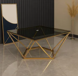 Geometric Gold-Framed Diamond Design Glass Coffee Table