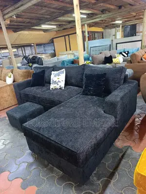 6 Seater Black L-Shaped Sofa With Footrest