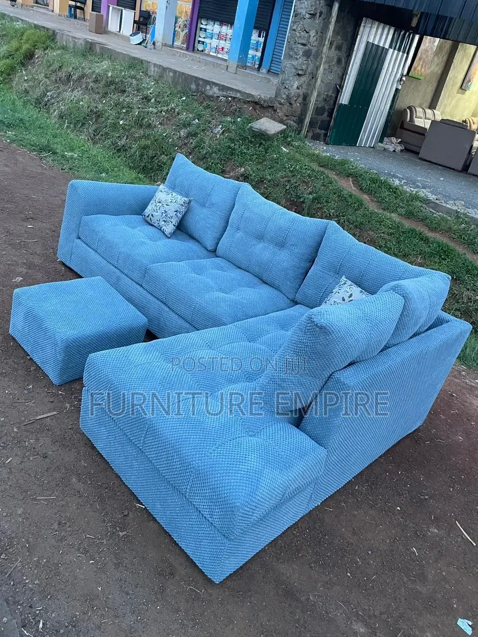 6 Seater Light Blue Tufted L-Shaped Sofa With Footrest